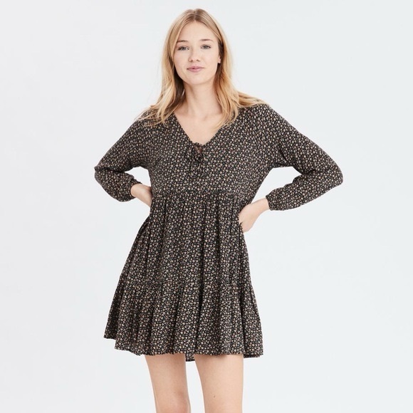 American Eagle Outfitters Dresses & Skirts - American Eagle Sz Small Long Sleeve Baby Doll Dress Button-Up V-Neck Tie Collar